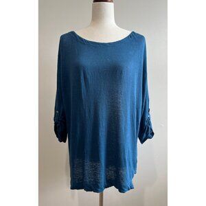 Adrienne Vittadini 100% Linen Tunic Blouse Womens 1X Blue 3/4 Sleeve
